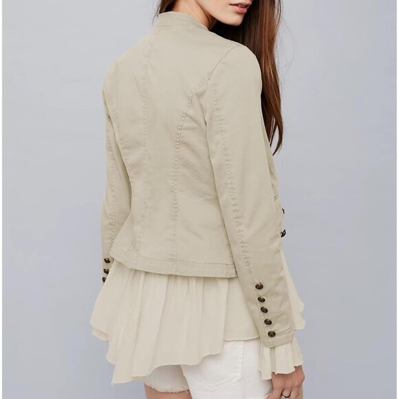 Women’s Beige Casual Ruffle Steampunk Blazer High Low Hem Cotton Jacket - Picture 7 of 7